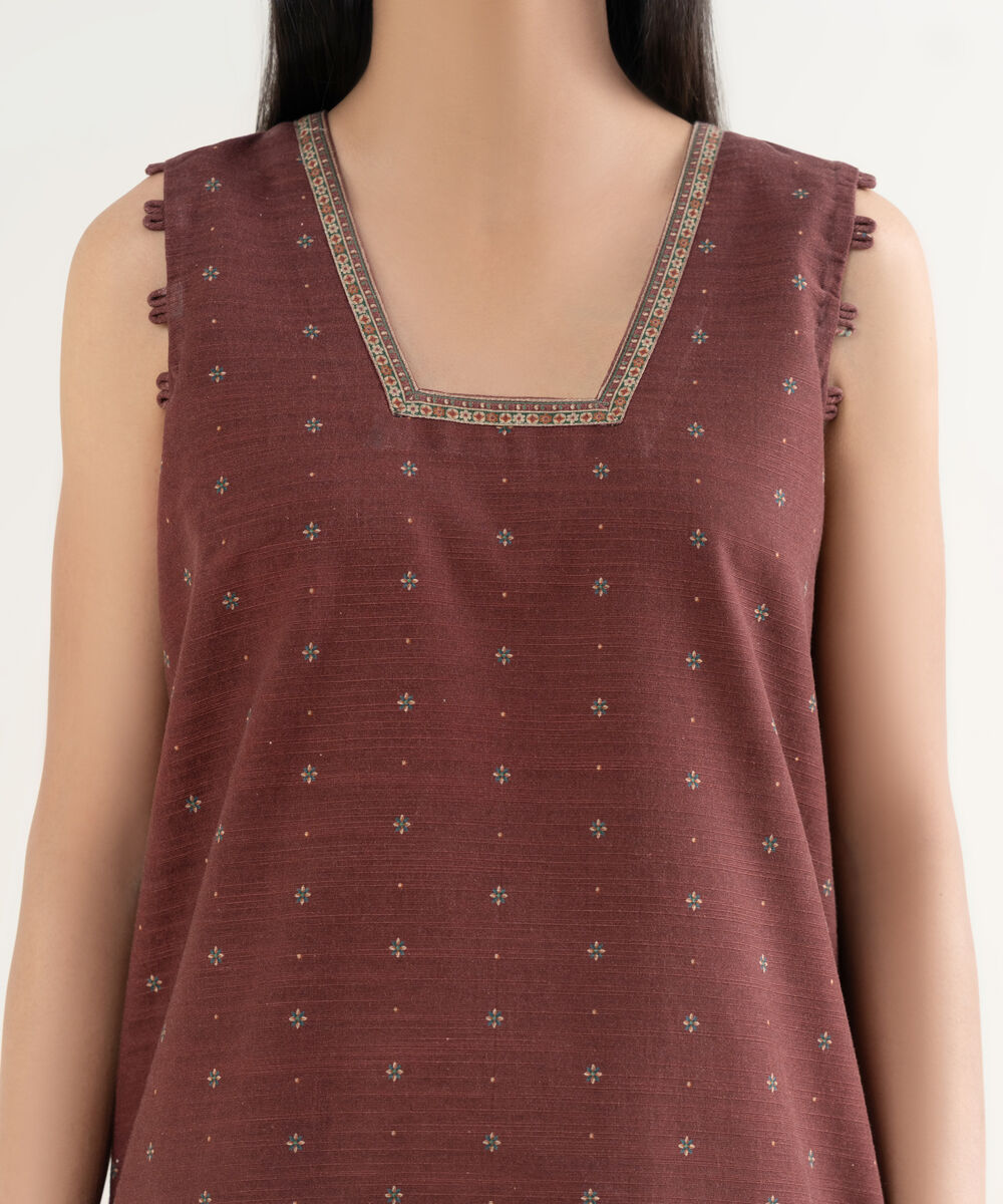 Women's Unstitched Printed Light Khaddar Maroon 3 Piece Suit