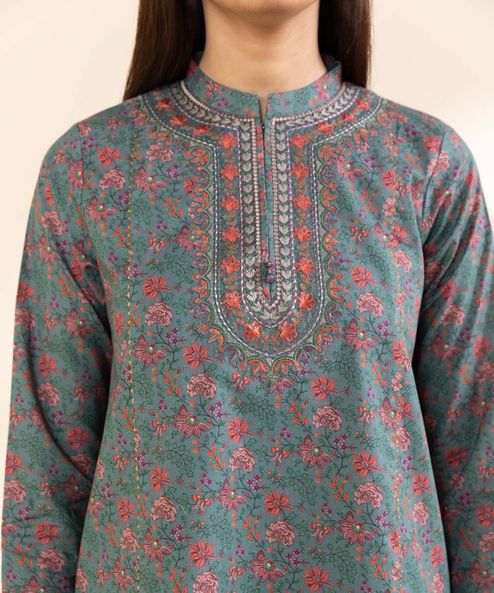 Unstitched Women's Embroidered Lawn Blue Three Piece Suit