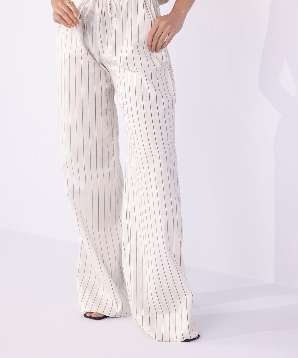 Women's Western Wear Off White Wide-Leg Textured Trousers
