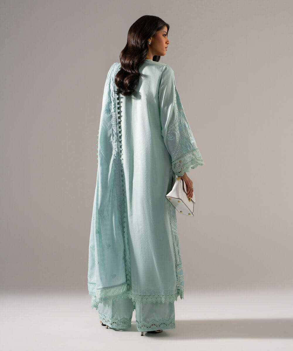 Women's RTW Cotton Satin Solid Embroidered Blue 3 Piece Suit