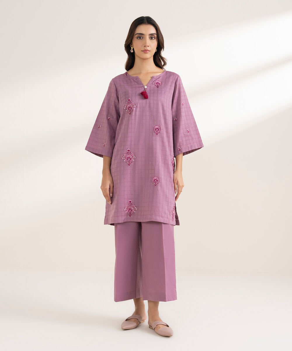 Women's RTW Textured Cotton Embroidered Straight Lilac Shirt