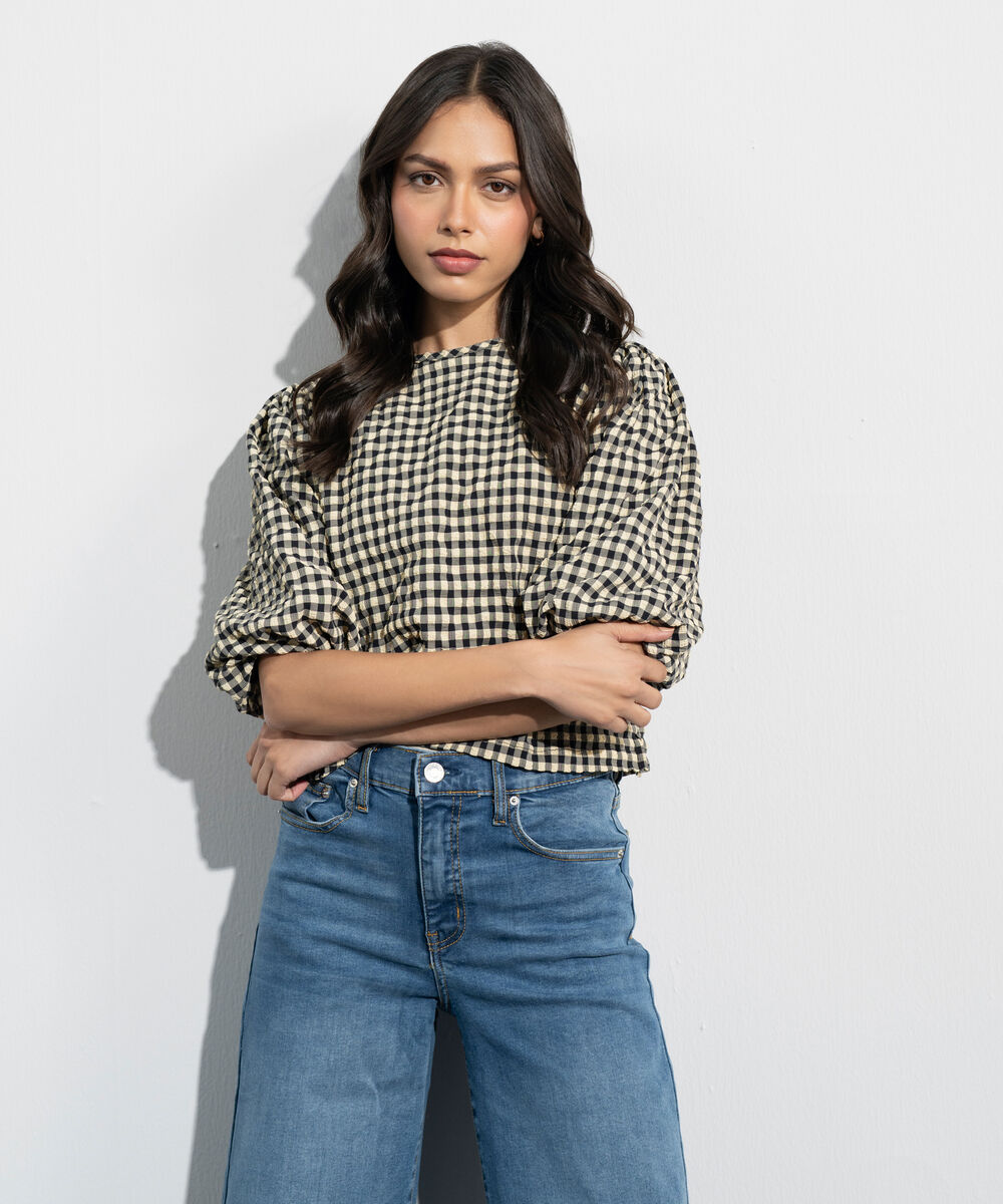 Women's Western Black And Yellow Seersucker Gingham Top