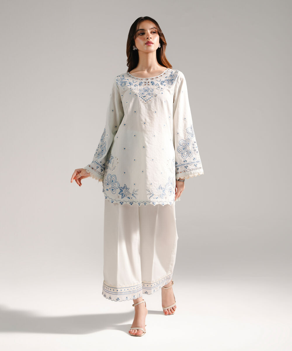 Women's RTW Textured Cotton Embroidered Light Blue 2 Piece Suit
