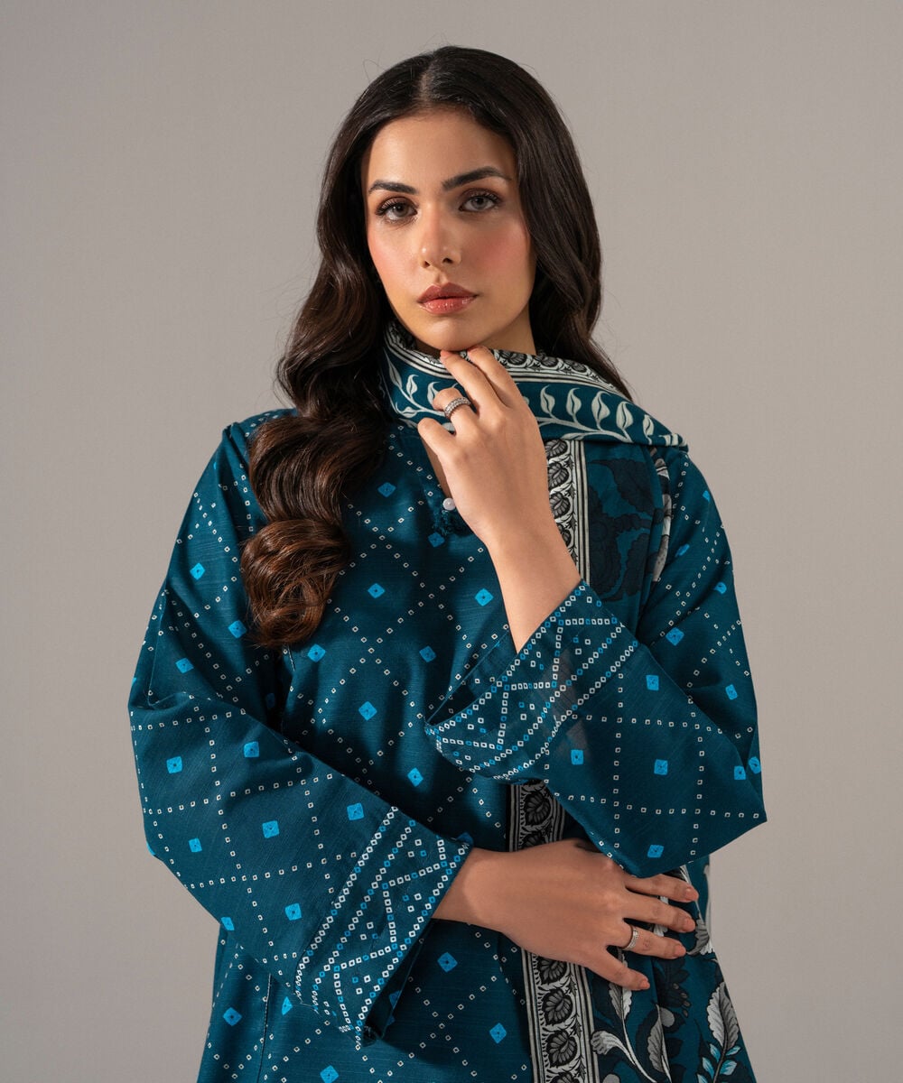 Women's RTW Khaddar Printed Teal 3 Piece Suit