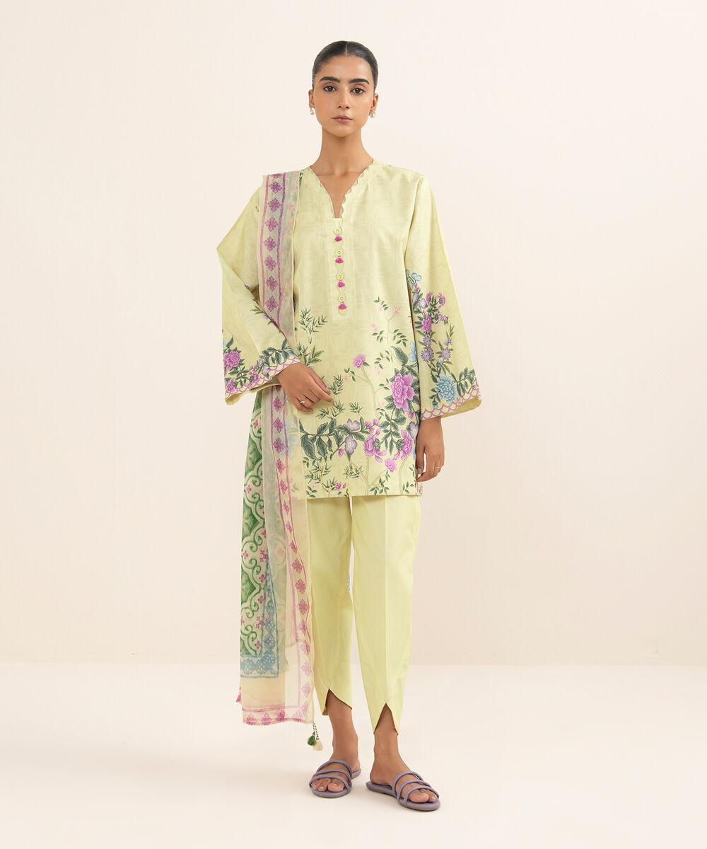 Women's Unstitched Lawn Printed Yellow 3 Piece Suit