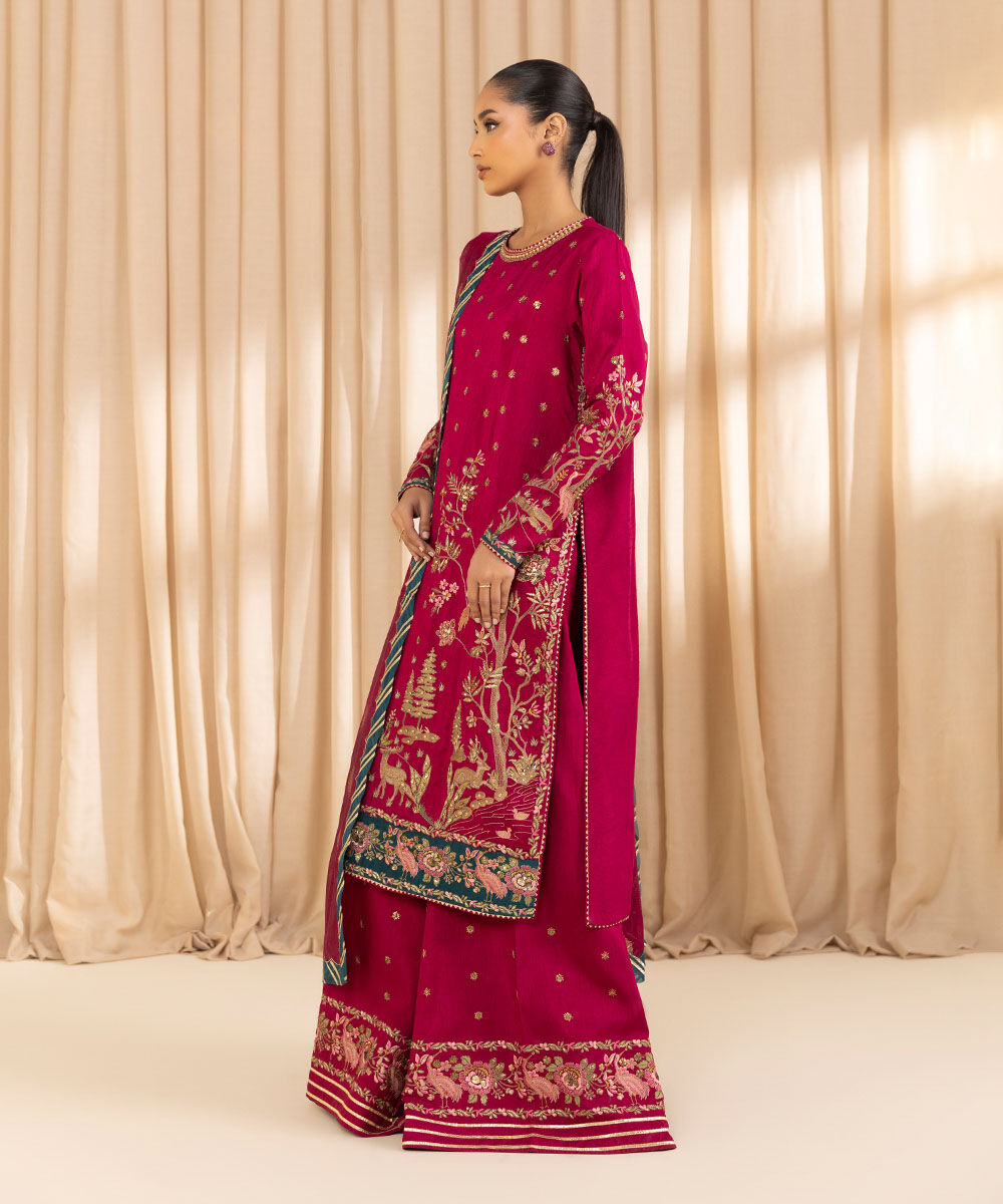 Unstitched Women's Pink Raw Silk 3 Piece Suit