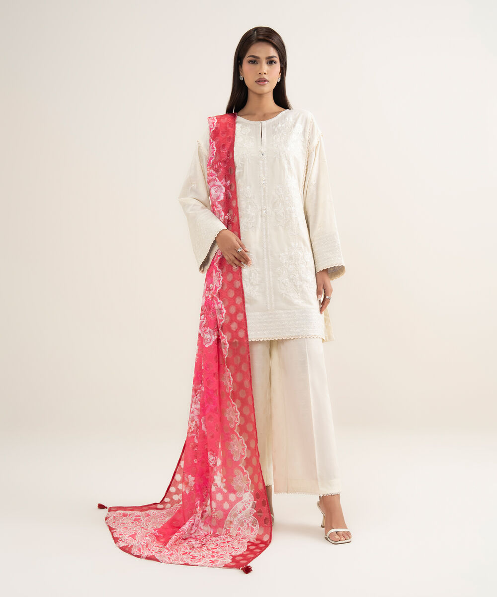 Women's RTW Self Jacquard Embroidered Off White Drop Shoulder Shirt