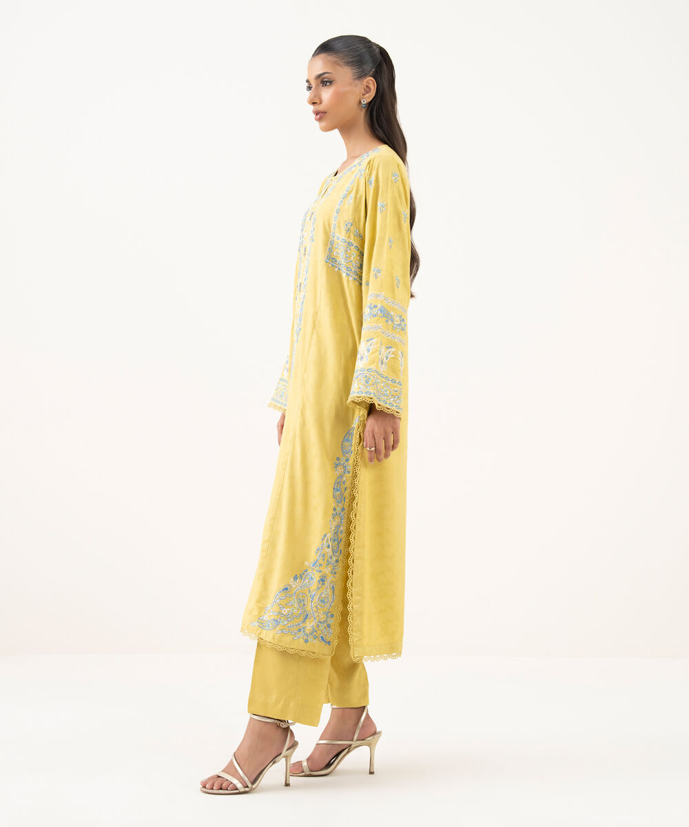 Women's RTW Textured Viscose Embroidered A-Line Yellow Shirt