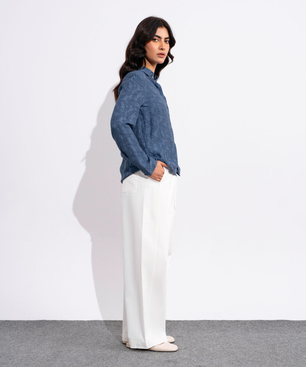 Women's Blue Textured Button Through Shirt