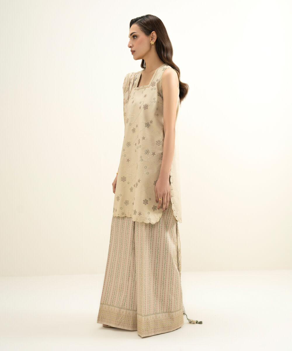 Women's Unstitched Lawn Embroidered Beige 3 Piece Suit