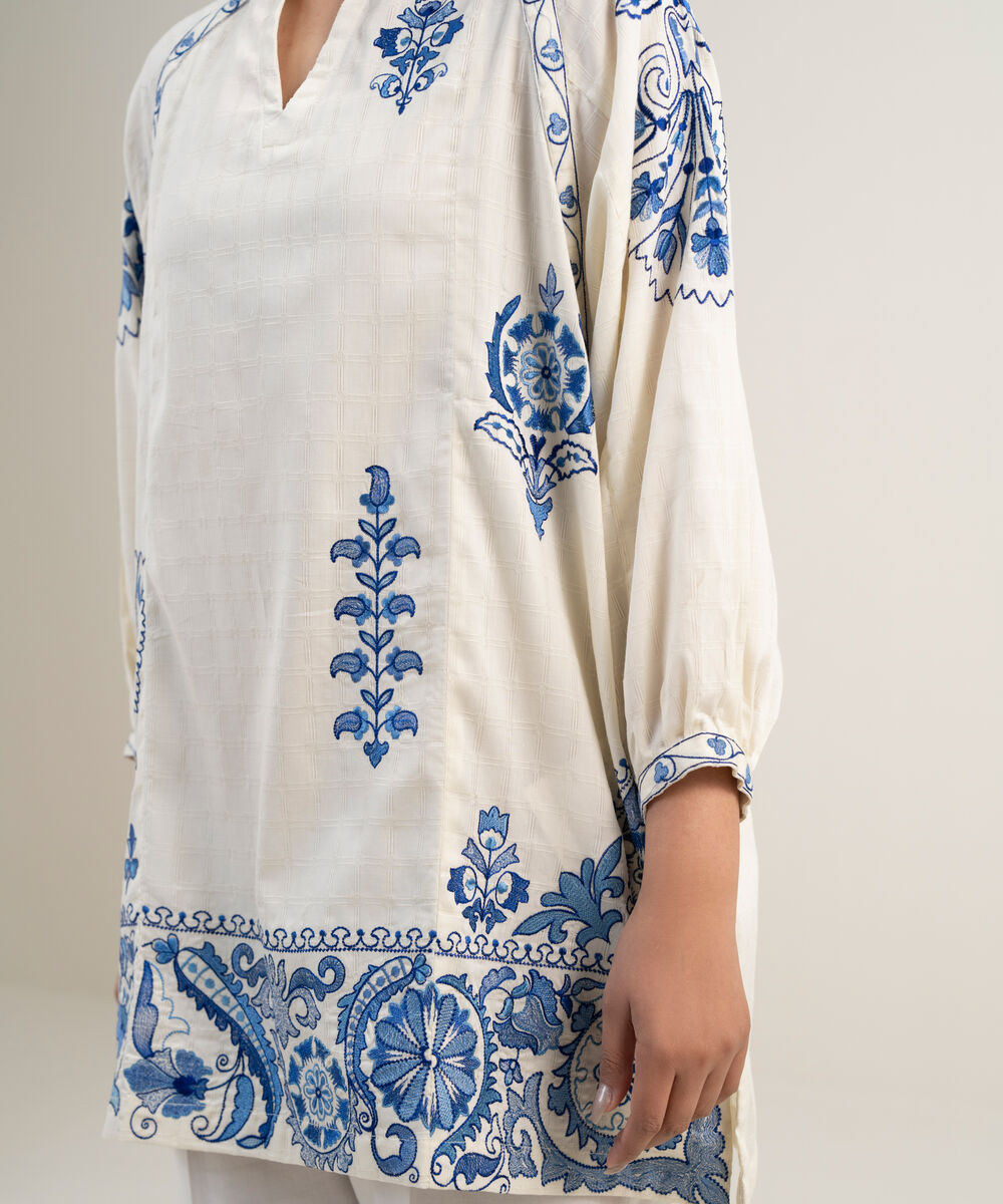 Women's RTW Dobby Embroidered Off White Drop Shoulder Shirt
