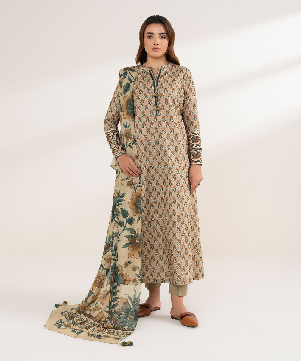 Women's Unstitched Lawn Printed Beige 3 Piece Suit