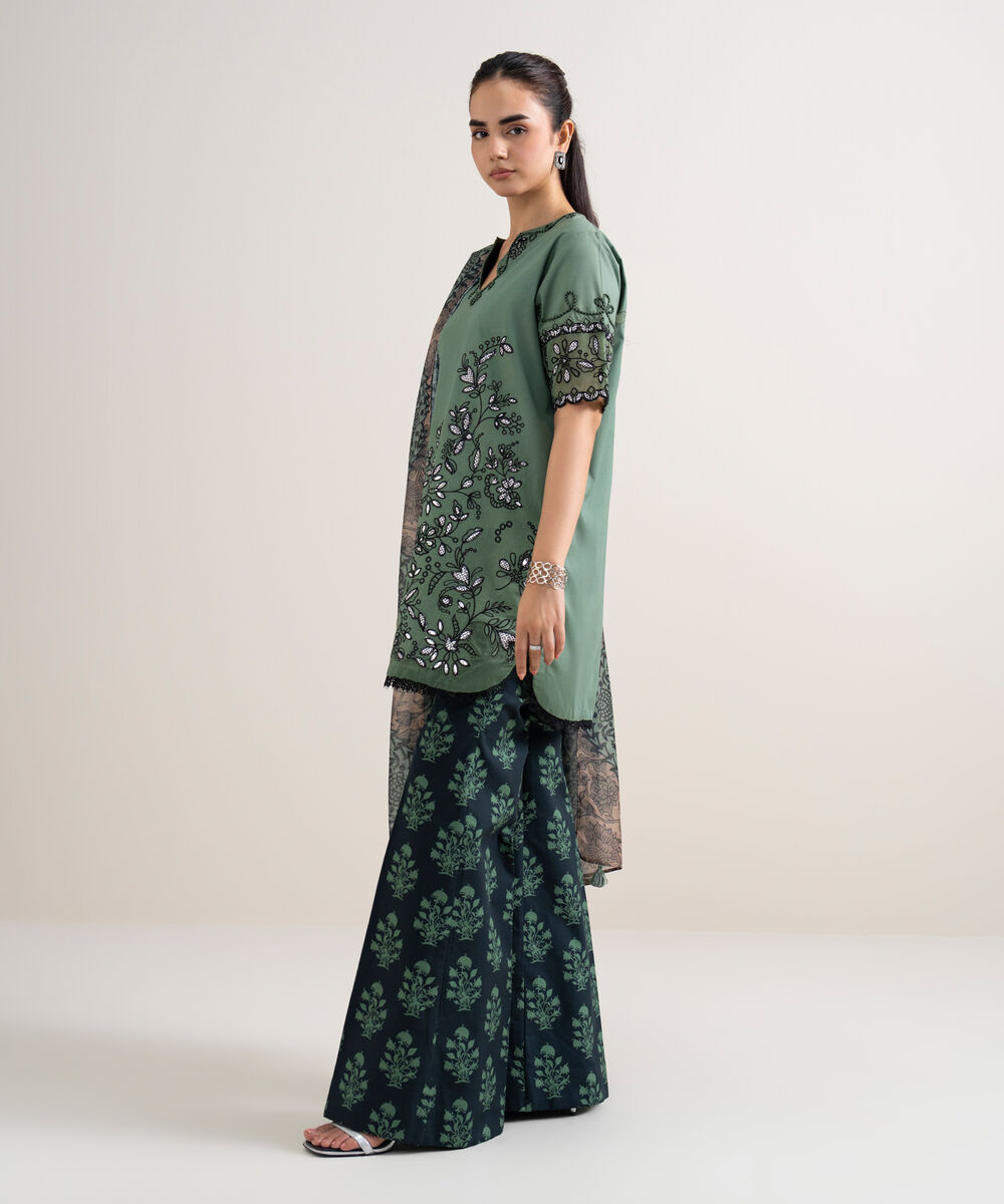 Women's Unstitched Fine Cotton Satin Embroidered Green