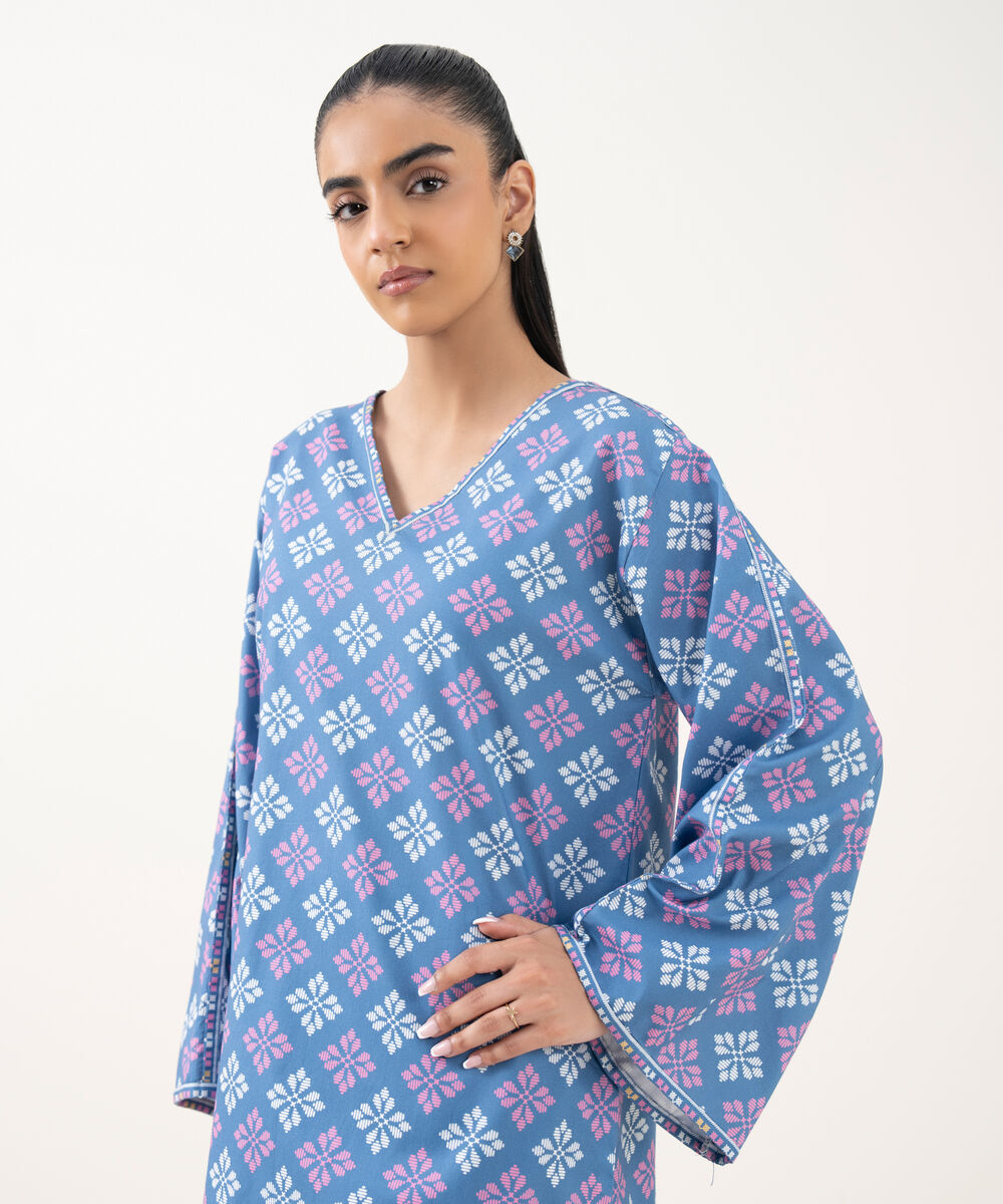 Women's Unstitched Cotton Printed Blue 2 Piece Suit