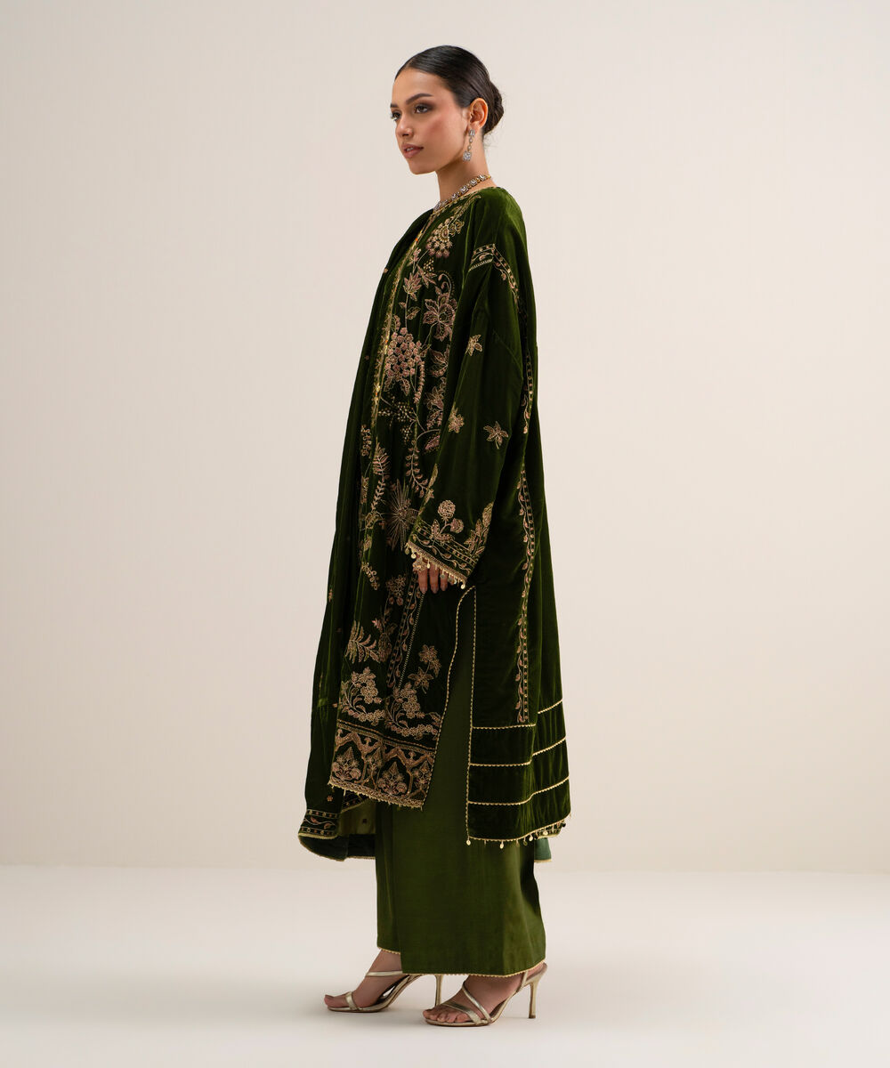 Women's Unstitched Embroidered Velvet Black 3 Piece Suit