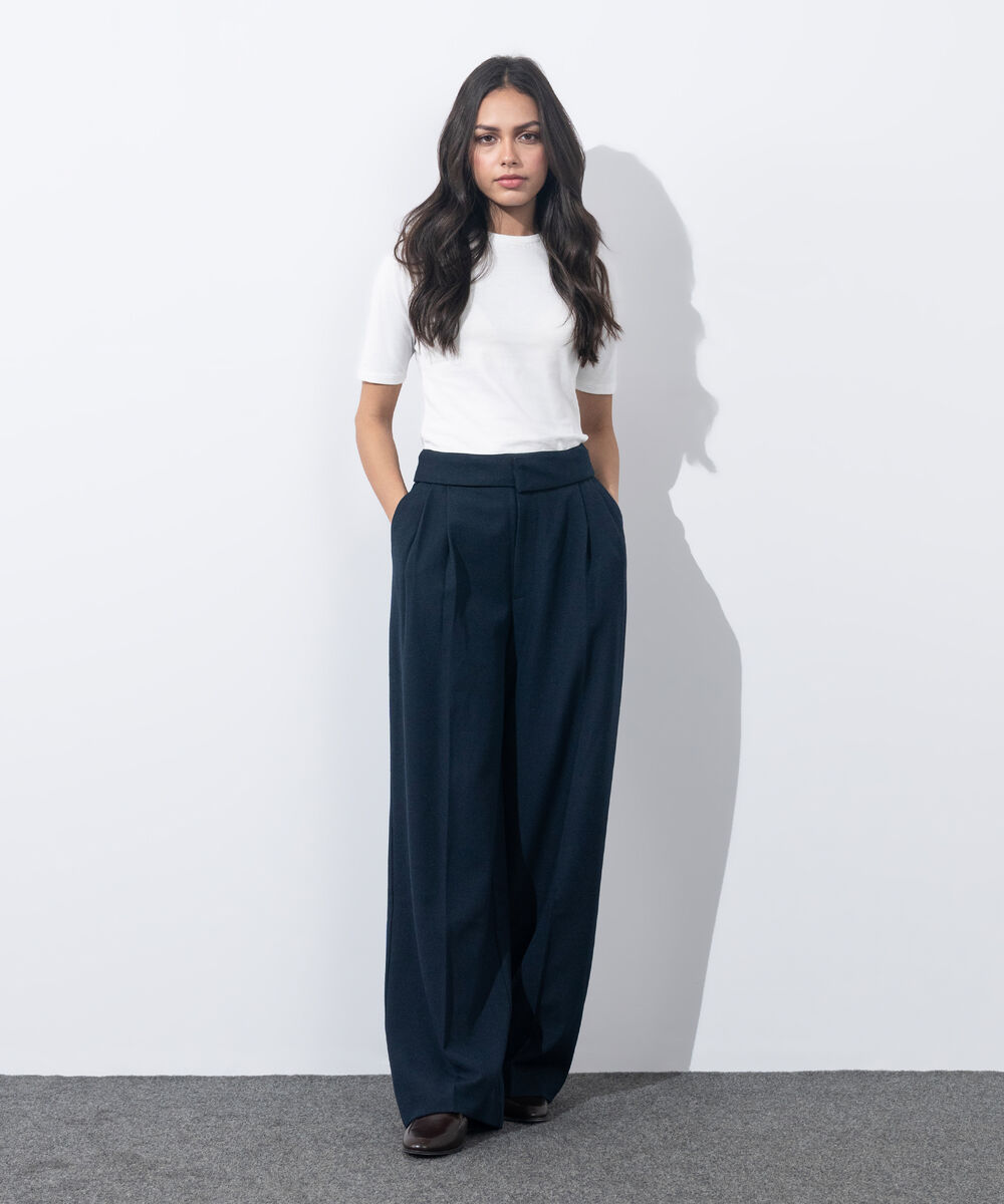 Women's Western Wear Blue Asymmetric Waistband Tailored Trousers