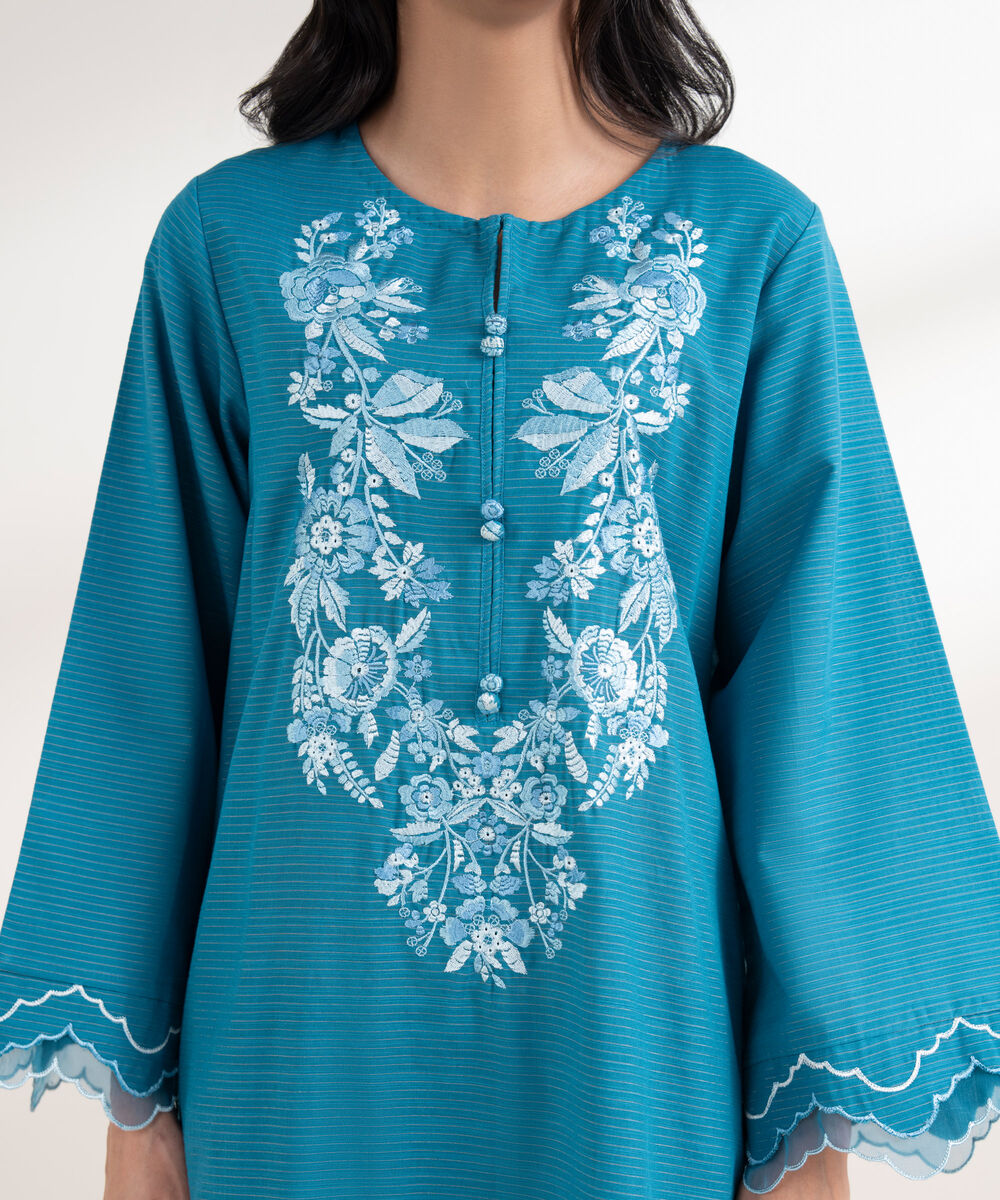 Women's RTW Light Khaddar Embroidered Blue Straight Shirt