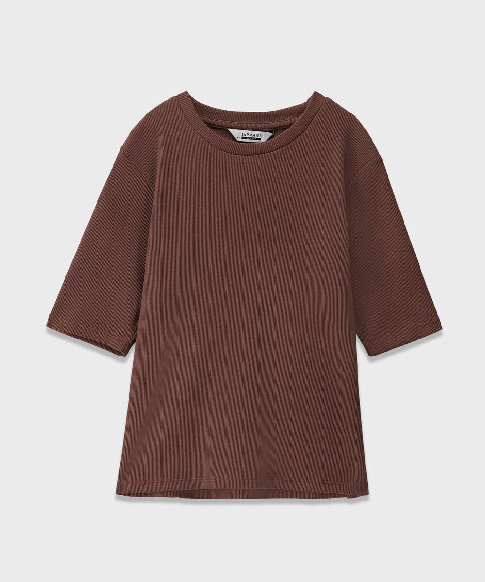 Women's Western Wear Brown Slim-Fit Ribbed T-Shirt