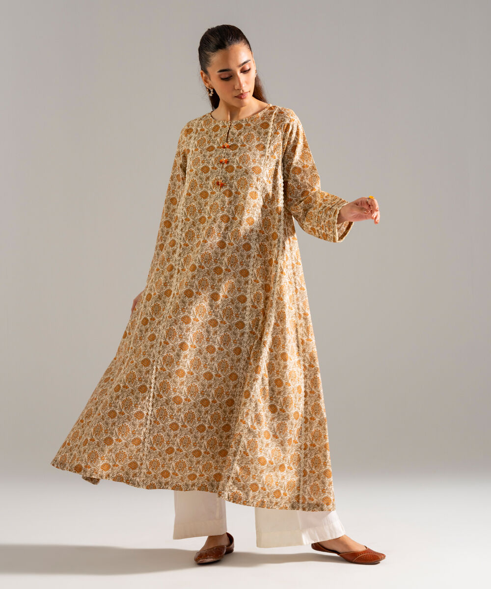 Women's RTW Slub Lawn Printed Beige A-Line Shirt