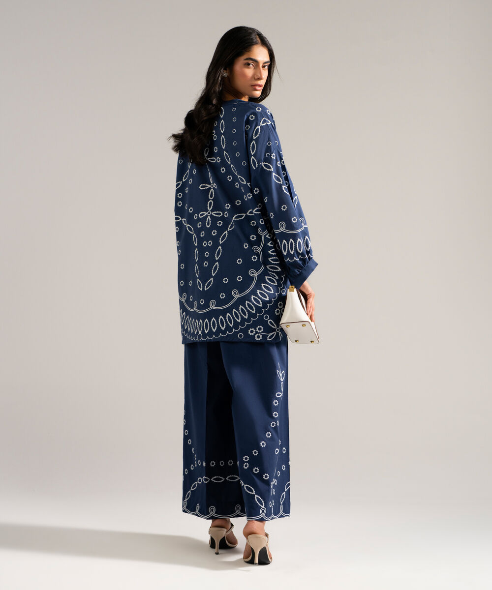 Women's RTW Slub Lawn Printed Blue 2 Piece Suit
