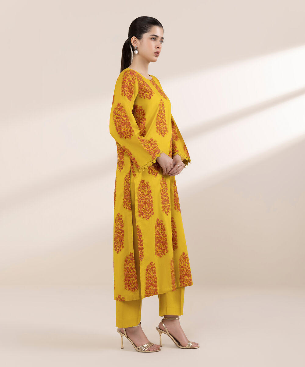 Women's RTW Extra Weft Jacquard Yellow Solid A-Line Shirt