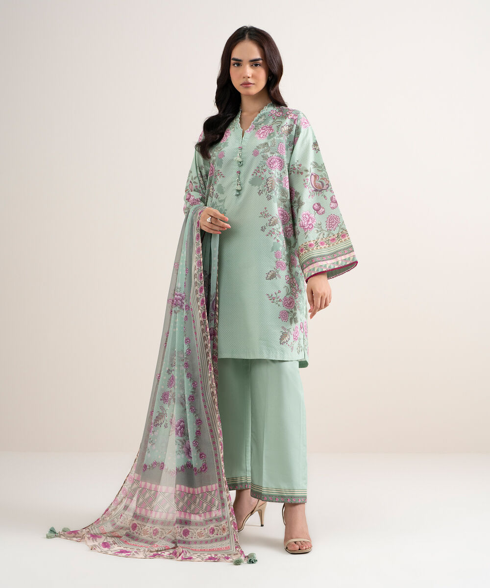Women's Unstitched Lawn Printed Green 3 Piece Suit