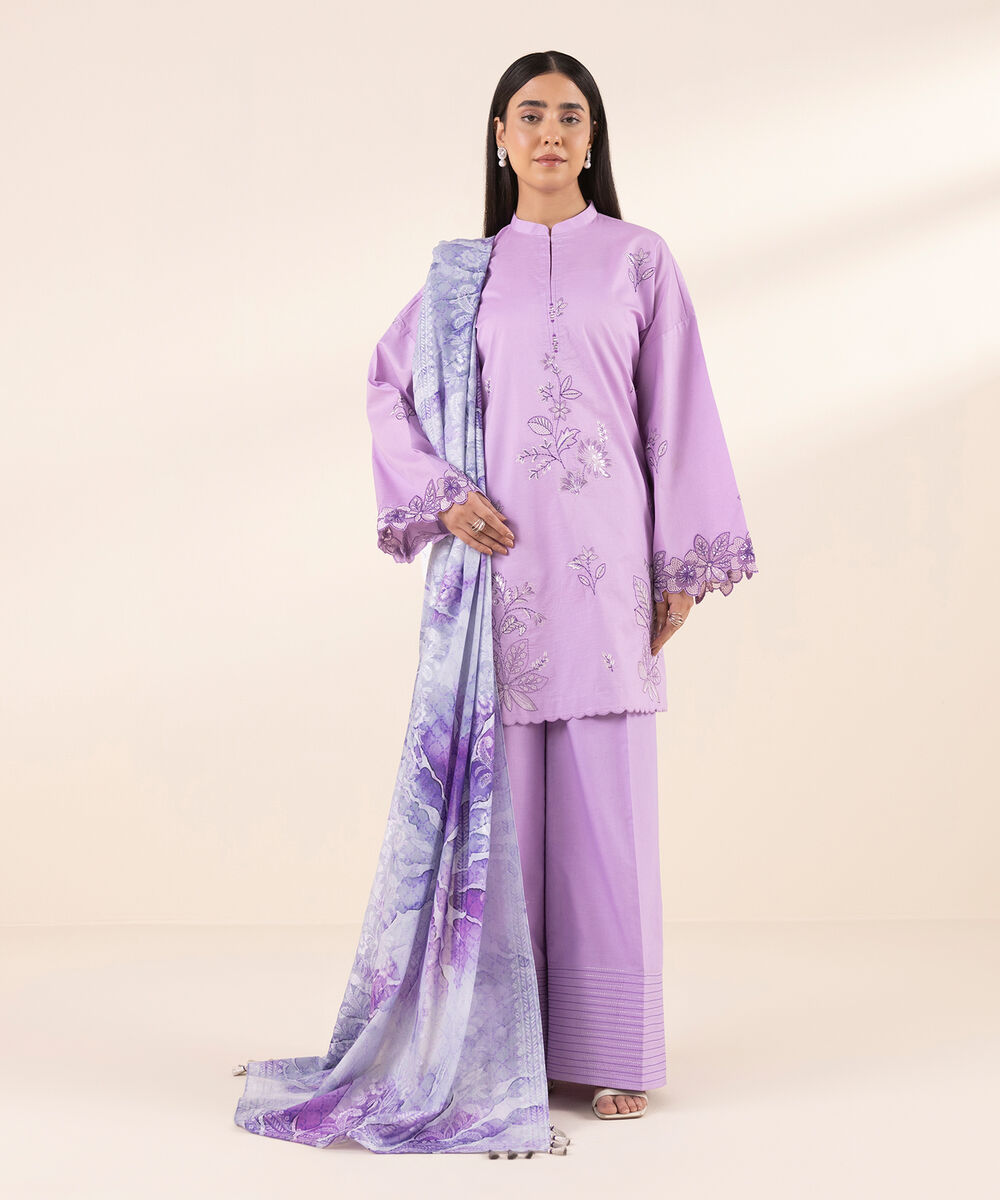 Women's Unstitched Lawn Embroidered Purple 3 Piece Suit