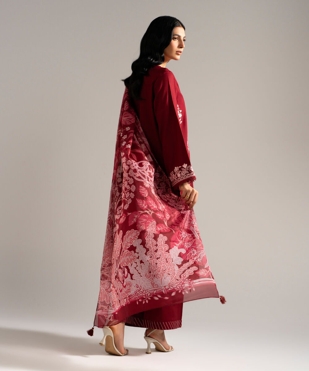 Women's RTW Dobby Crepe Embroidered Red 3 Piece Suit