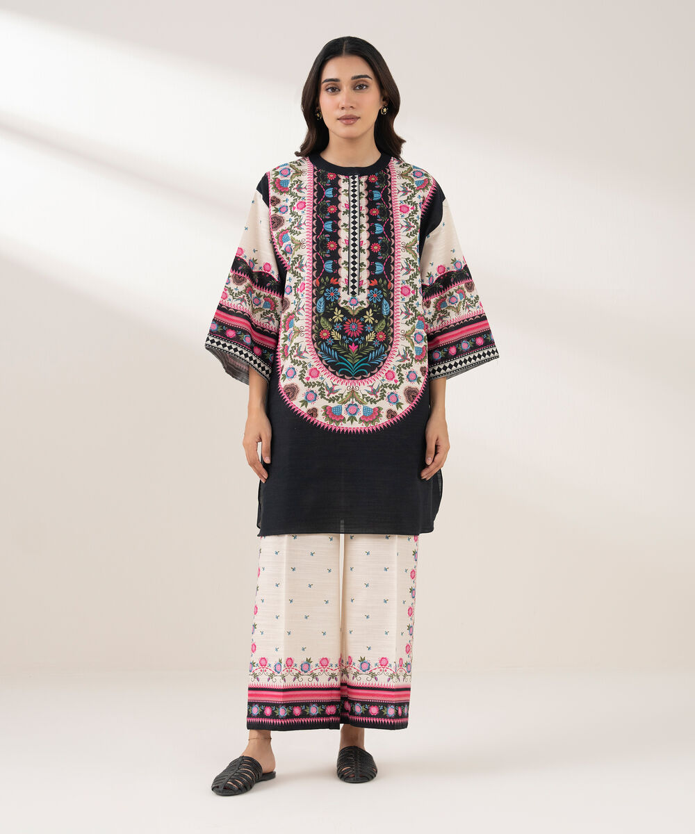 Women's RTW Khaddar Printed Straight Black Shirt