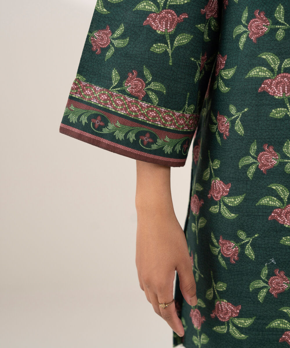 Women's RTW Khaddar Printed Straight Green Shirt