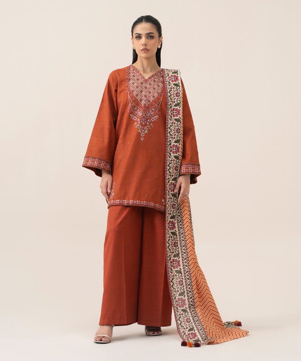 Women's Unstitched Basic Khaddar Embroidered Burnt Orange 3 Piece Suit