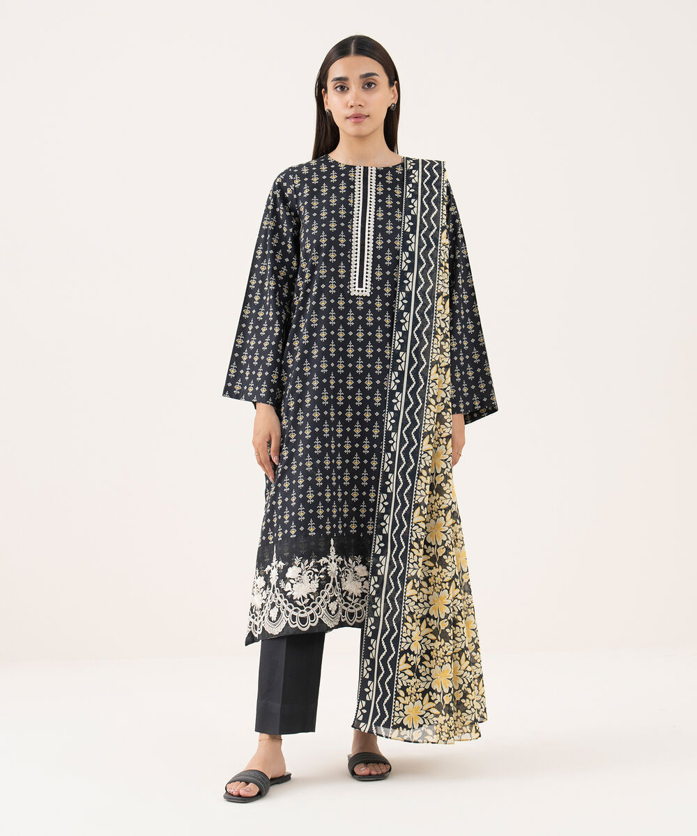 Women's RTW Lawn Black Embroidered A-Line Shirt