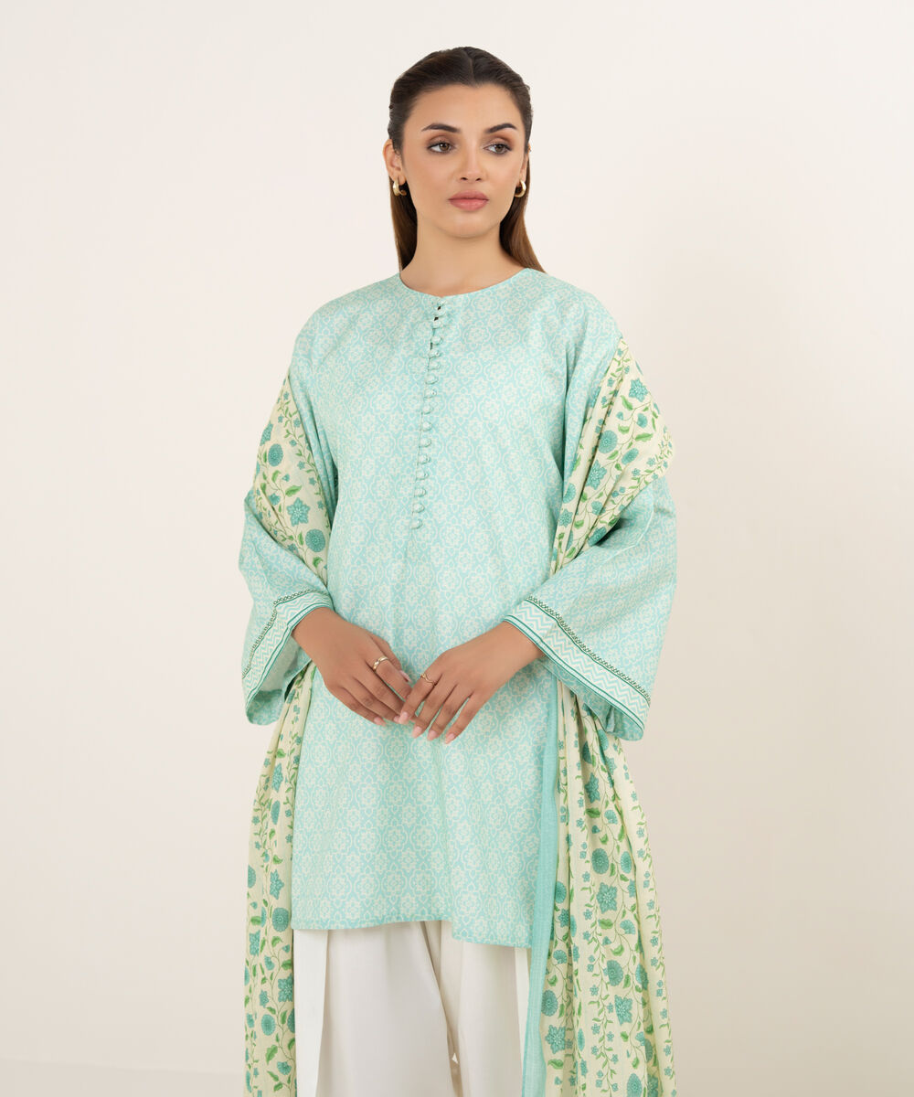Women's Unstitched Cotton Printed Aqua 2 Piece Suit
