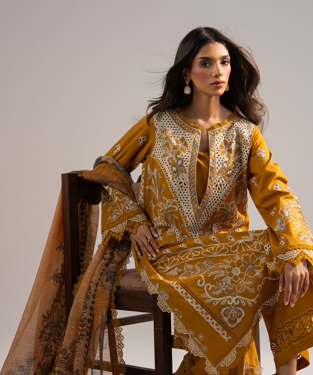 Women's RTW Lawn Embroidered Mustard Yellow 3 Piece Suit