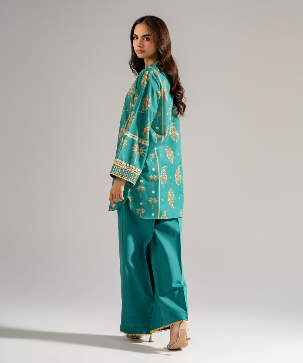 Women's RTW Slub Lawn Printed Green Straight Shirt