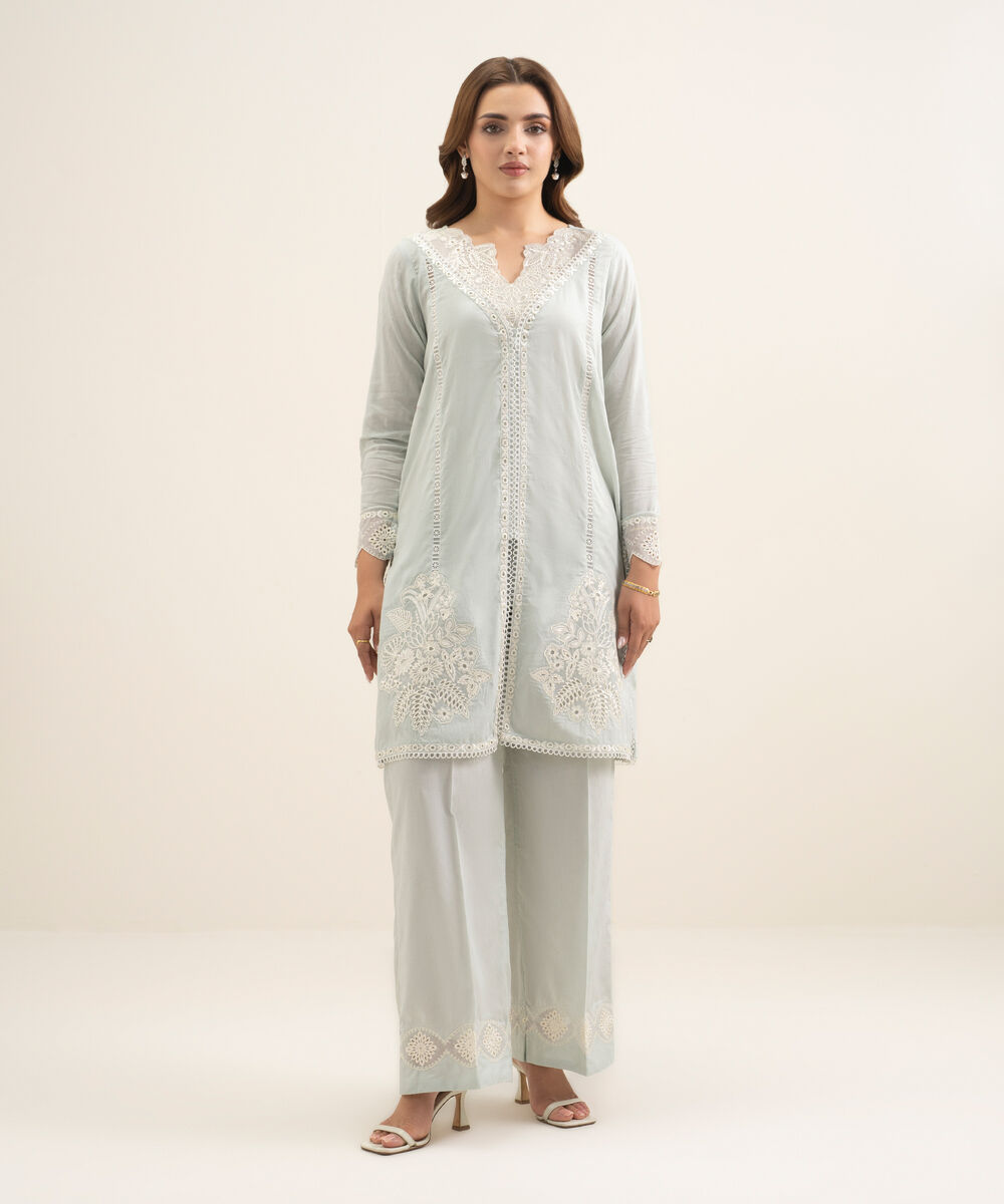 Women's RTW Self Jacquard Embroidered Green Straight Shirt