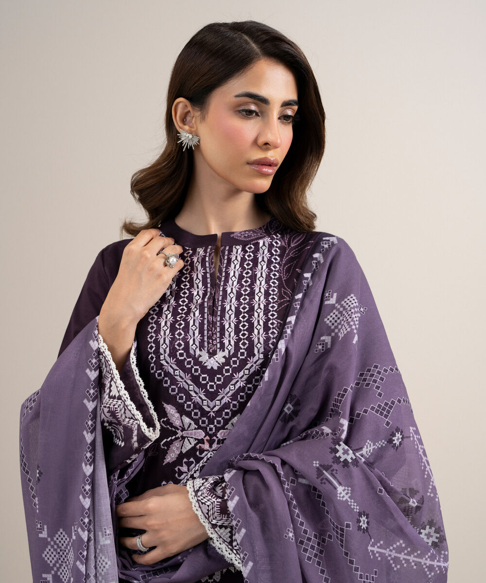 Women's Unstitched Lawn Embroidered Purple 3 Piece Suit