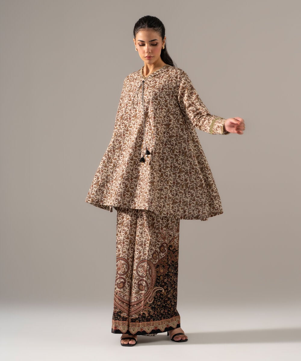 Women's RTW Khaddar Printed Beige 2 Piece Suit