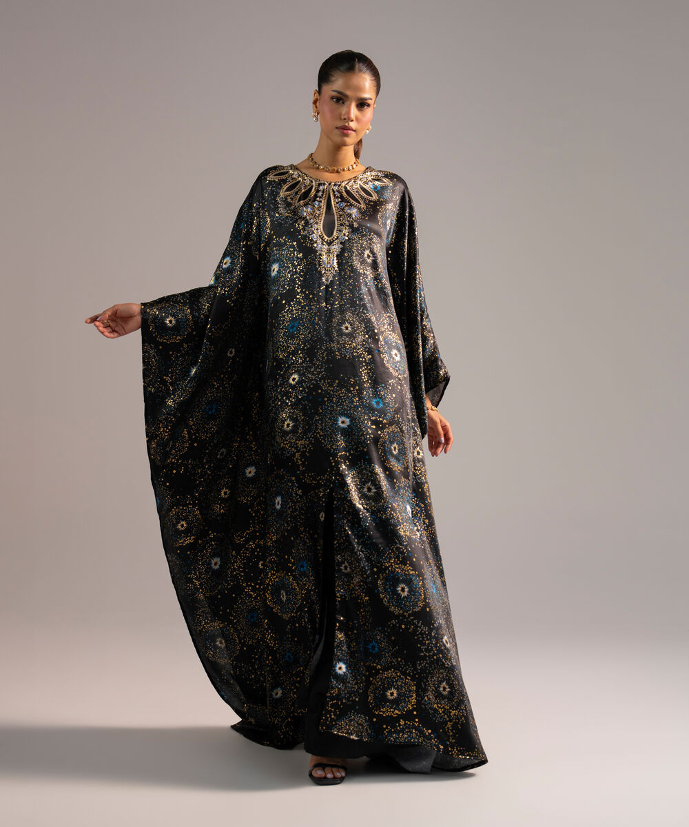 Women's RTW Blended Satin Printed Black 2 Piece Suit