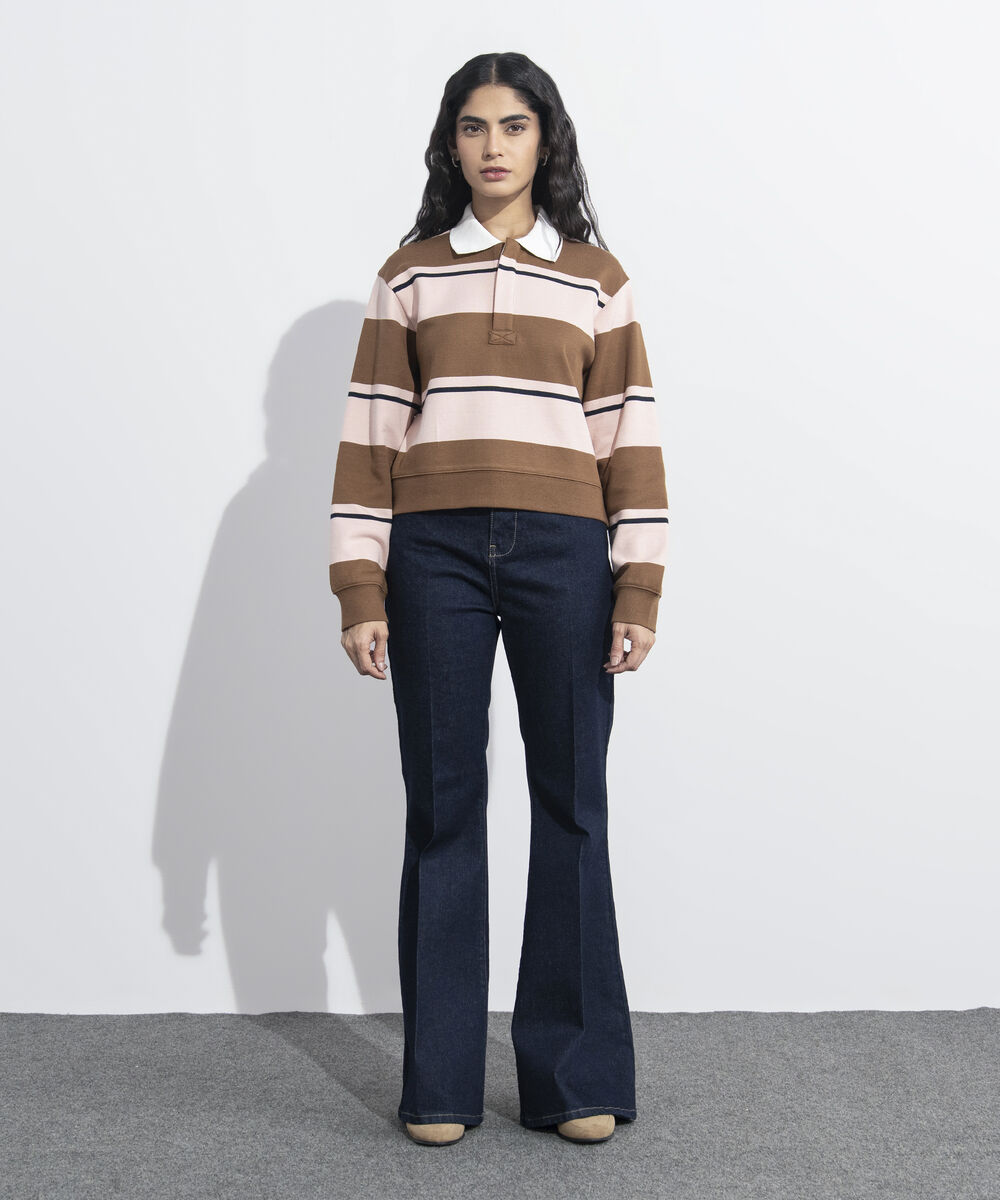 Women's Western Wear Multi Striped Polo Neck Sweatshirt