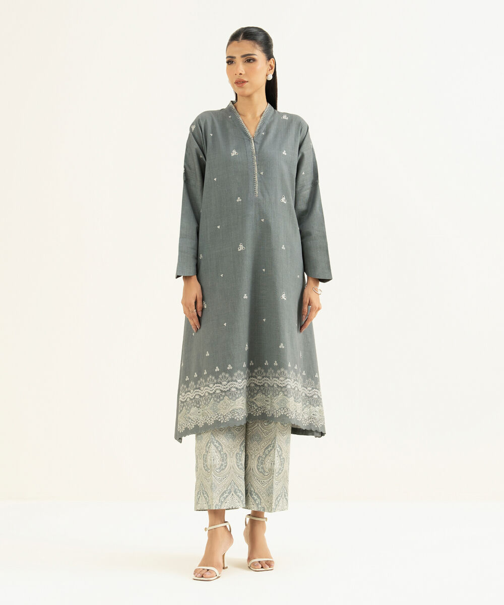 Women's Unstitched Cross Hatch Embroidered Grey 2 Piece Suit