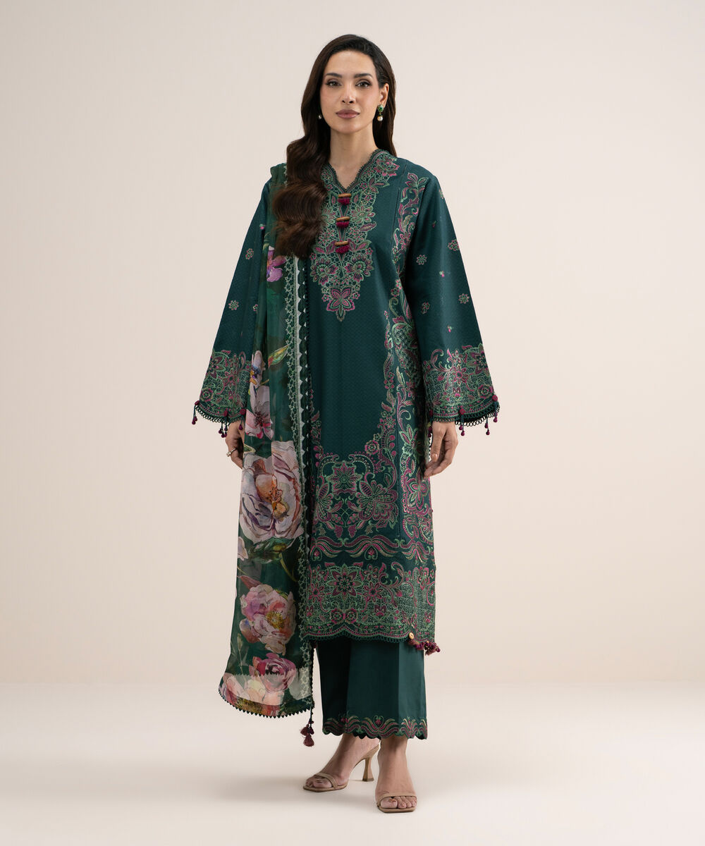 Women's Unstitched Embroidered Dobby Green 3 Piece Suit