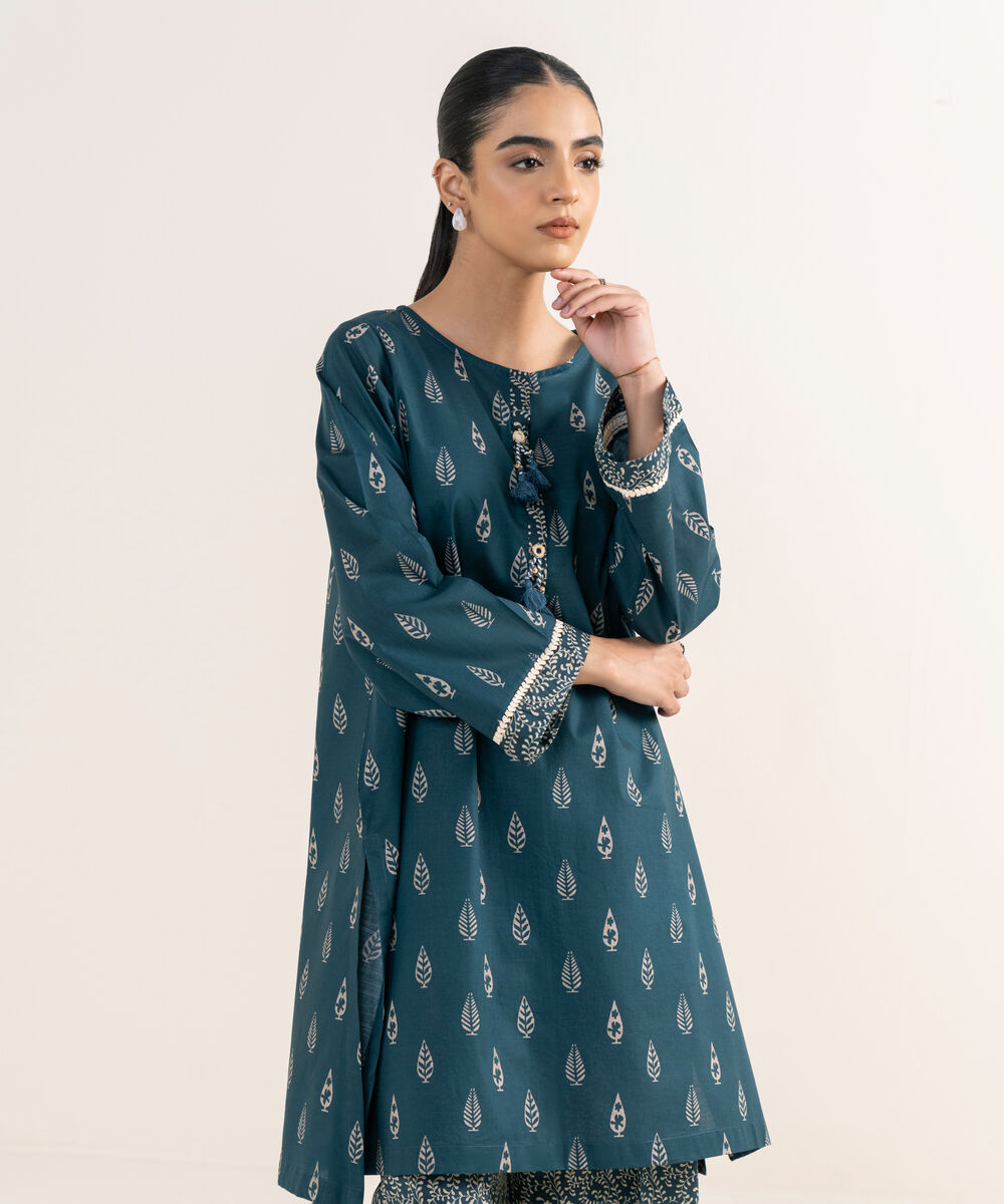 Women's RTW Textured Lawn Blue Printed A-Line Shirt