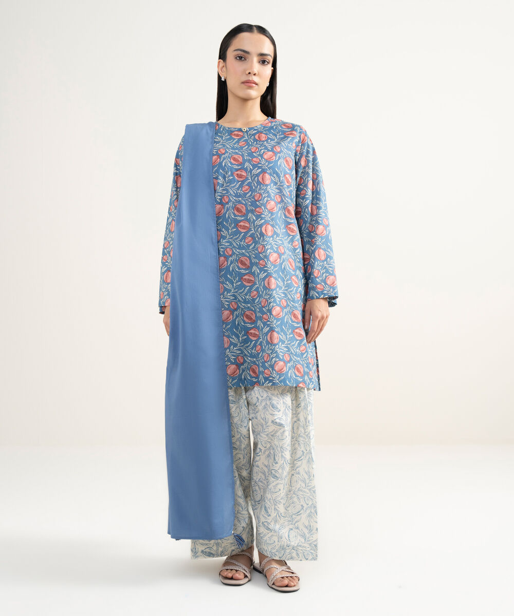 Women's RTW Lawn Printed Blue Straight Shirt