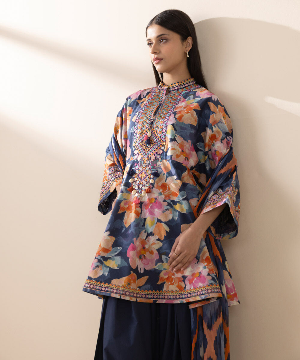 Unstitched Women's Embroidered Cross Hatch Multi Three Piece Suit