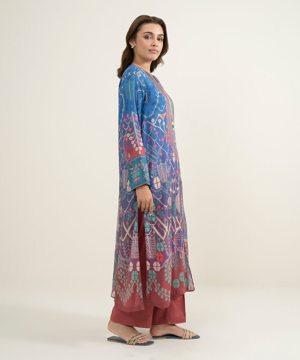 Women's RTW Viscose Raw Silk Printed Peach 3 Piece Suit