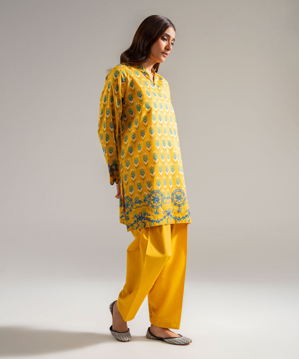 Women's RTW Cambric Embroidered Mustard Yellow 2 Piece Suit