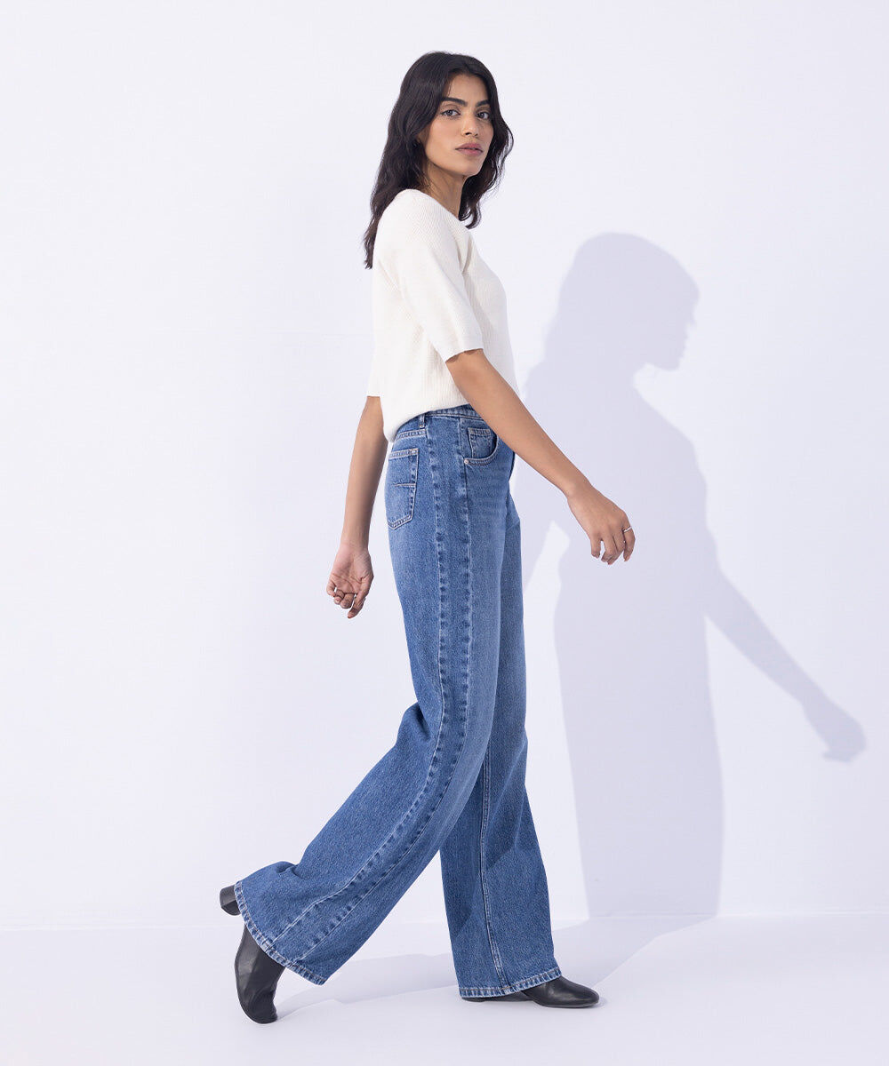 Woman - Blue Wide Leg Jeans with Side Panel