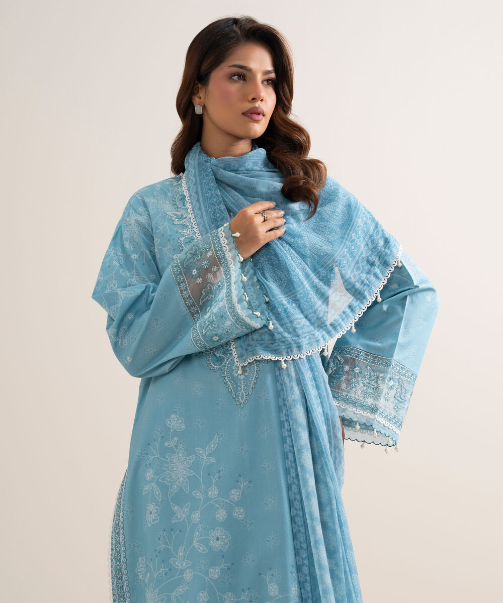Women's Unstitched Lawn Embroidered Blue 3 Piece Suit