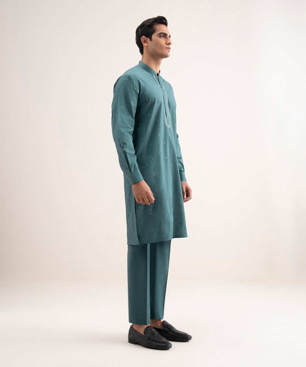 Men'S Stitched Teal Premium Cotton Suit